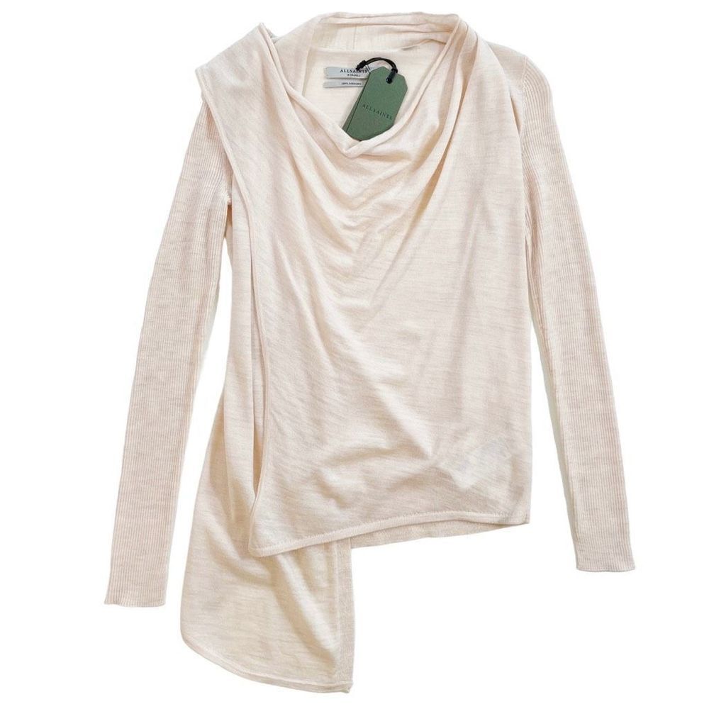 Allsaints Drina Ribbed Cardigan Merino Wool Almond Pink Marl Beige XS NWT